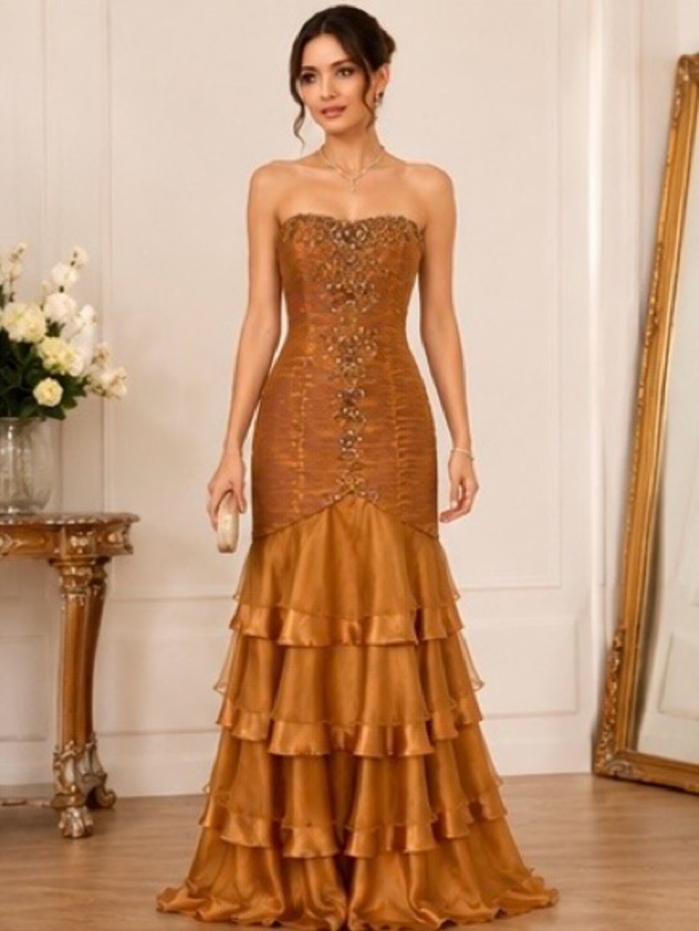Strapless Gold Tiered Ruffle Evening Dress